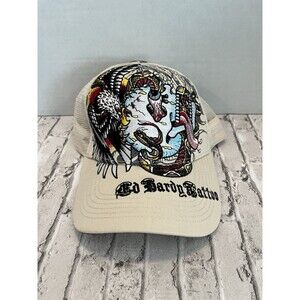 Ed Hardy Trucker Hat Embroidered Tattoo Battle Skull Cream Snapback Mesh Cap